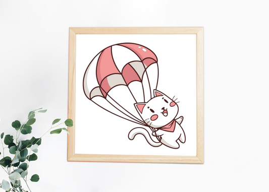 Chat kawaii encadré avec ballon coloré, parfait pour papeterie.