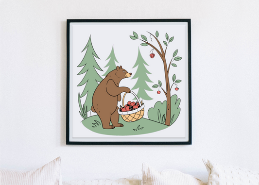 Cadre avec un ours en style vectoriel doux dans une forêt magique récoltant des fruits