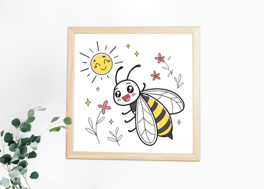 Cadre avec abeille joyeuse et soleil, parfait pour une déco printanière ludique