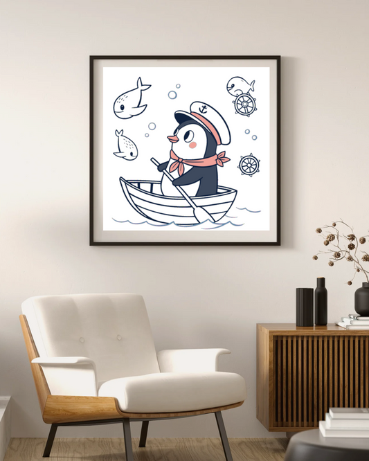 Cadre décoratif avec un pingouin cartoon naviguant sur des vagues dans un style marin