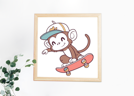 Cadre décoratif au style urbain avec singe skateur enjoué en cartoon
