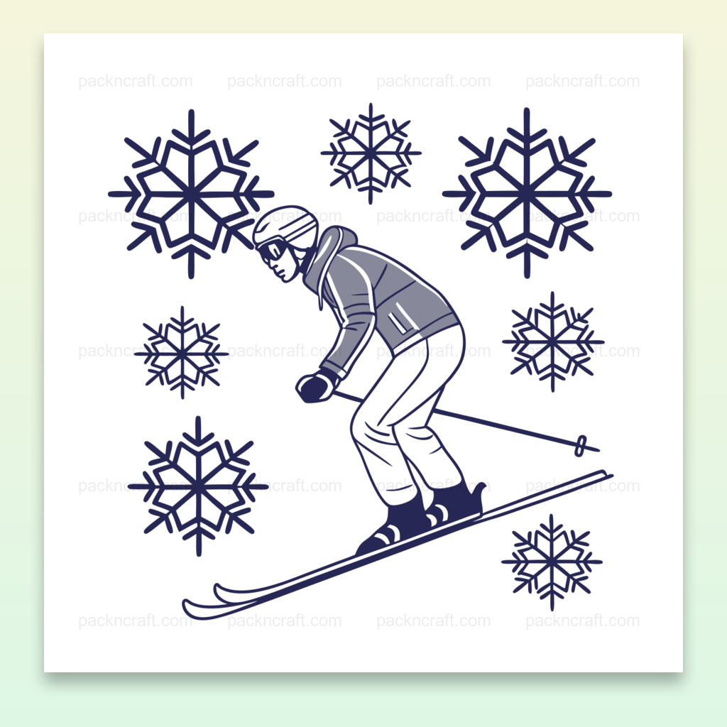 Illustration d'un skieur en pleine action avec des flocons de neige, idéale pour créations hivernales.