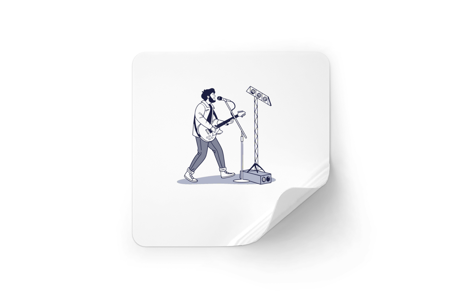 Sticker chanteur de concert illustré, utilisation DIY, déco., Illustration de concert dynamique, design vectoriel, projet créatif., Cadre illustrant un guitariste sur scène, art numérique DIY., Tasse stylisée avec scène de concert, design musical créatif., T-shirt imprimé avec design de guitariste, mode DIY personnelle.