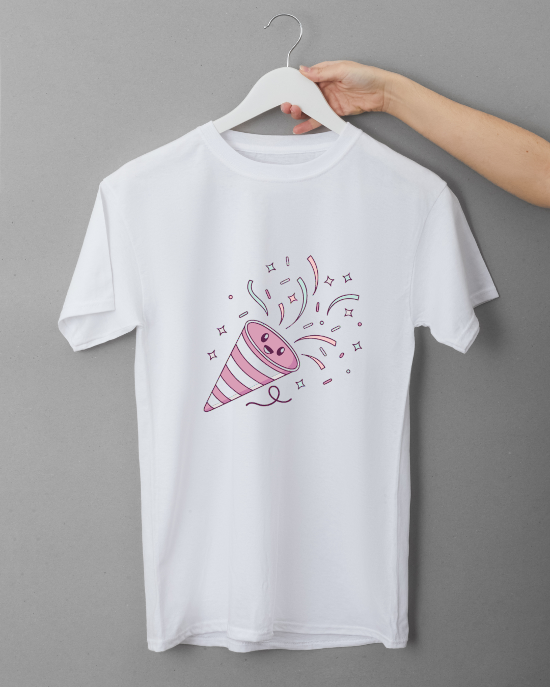 Design de t-shirt avec canon à confettis kawaii et joyeux