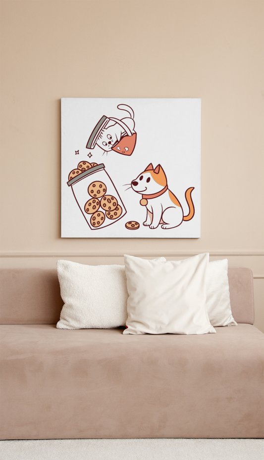 Cadre avec motif amusant de chats et chiens gourmands, style numérique créatif