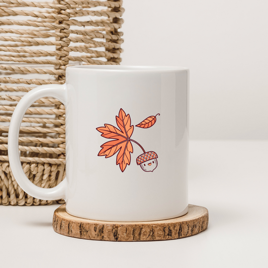 Mug avec motif de gland joyeux aux couleurs pastel sur fond forestier