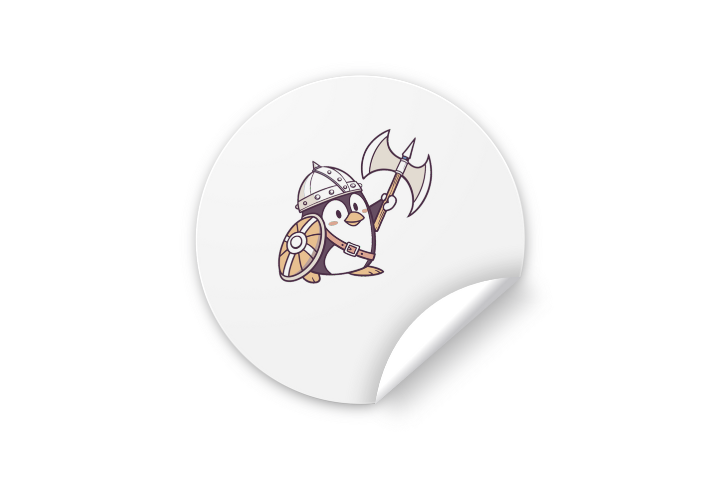 Sticker avec un pingouin en tenue de viking, style cartoon, pour aventure épique
