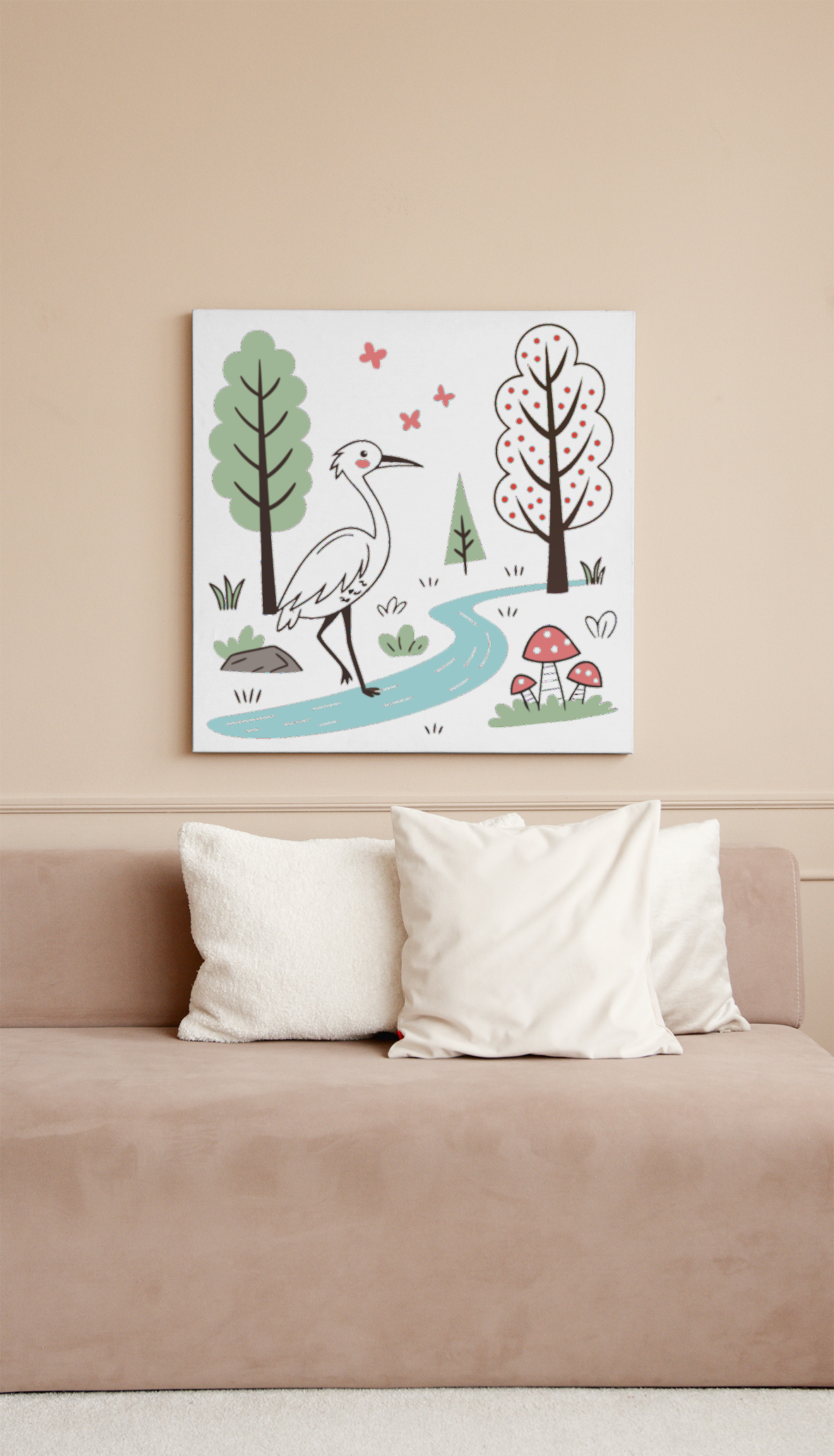 Cadre avec illustration héron au bord de l'eau, ambiance nature paisible