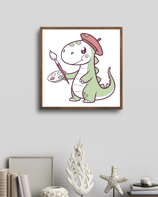 Cadre ludique avec un dinosaure joyeux en train de peindre, style adorable