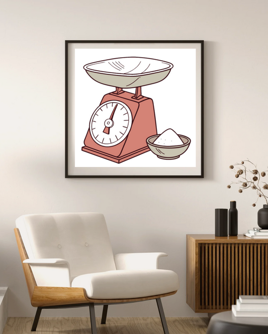 Cadre minimaliste avec icône numérique évoquant cuisine et vie quotidienne vintage