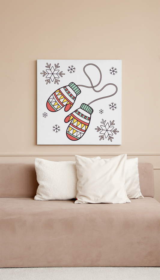 Cadre avec moufles aux motifs hivernaux en style dessin, ambiance chaleureuse
