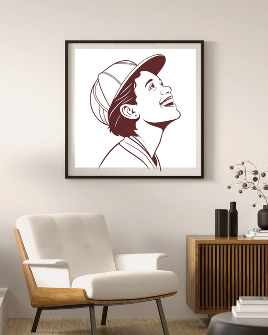 Cadre avec garçon joyeux, dessin minimaliste transmettant une émotion heureuse