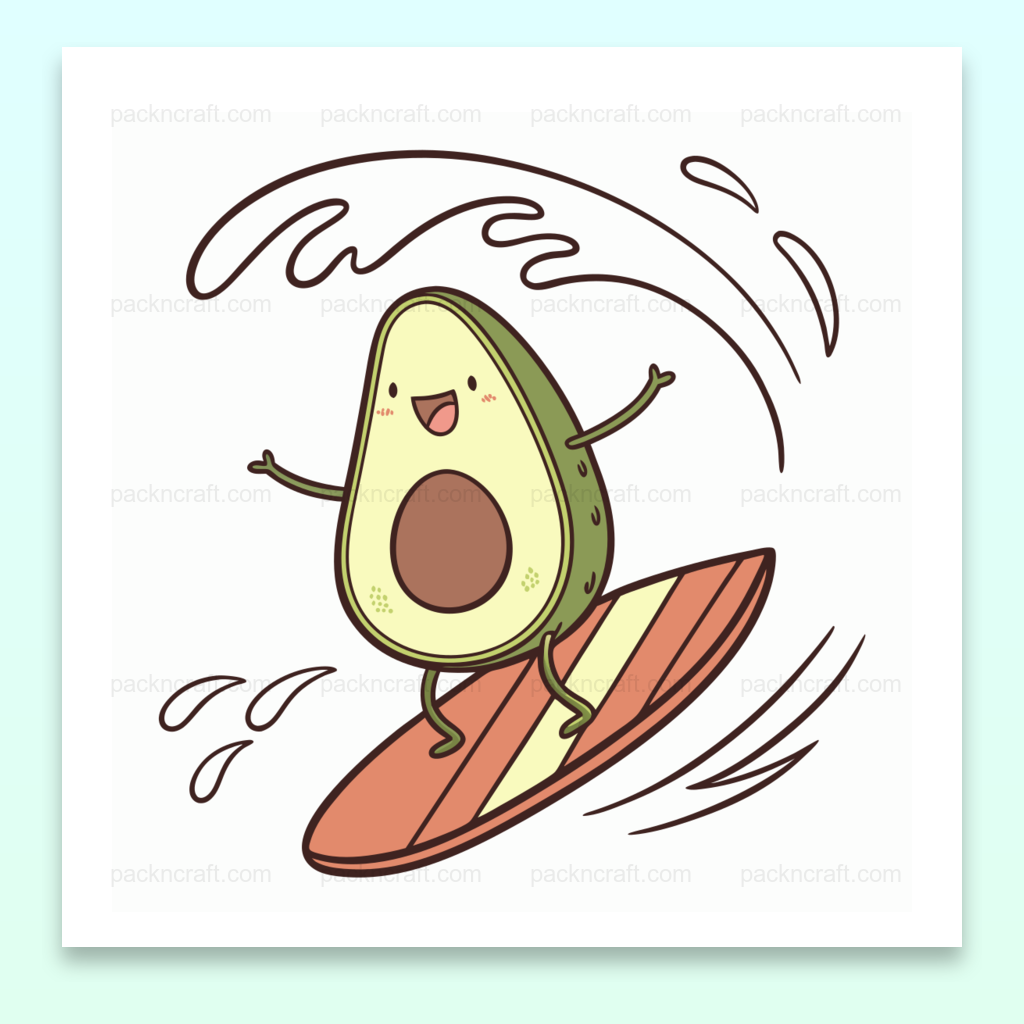 Illustration kawaii d'un avocat surfant avec un style pastel, parfaite pour des projets DIY et de décoration.
