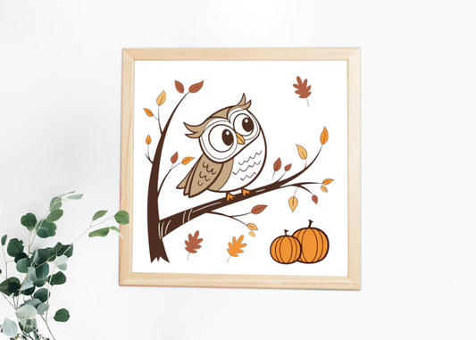 Cadre décoratif avec hibou curieux sur branche au style automnal épuré