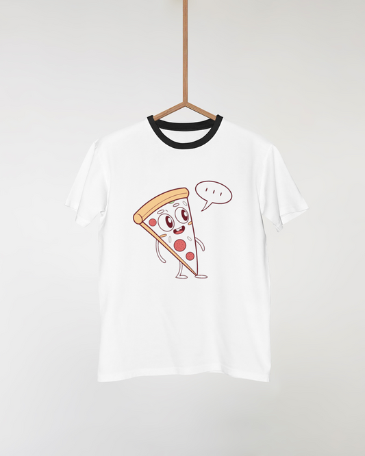 T-shirt avec une tranche de pizza souriante en illustration vectorielle colorée