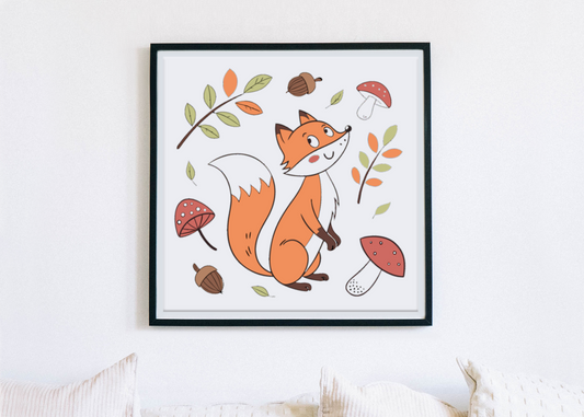 Cadre avec renard joyeux dans une forêt automnale style doodle