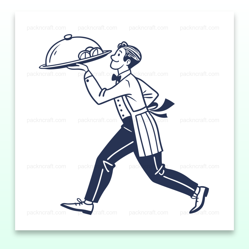 Illustration de serveur vintage portant un plateau, Serveur vintage dans un cadre élégant, Serveur stylisé sur un t-shirt original, Sticker décoratif de serveur vintage, Design vintage de serveur sur une tasse