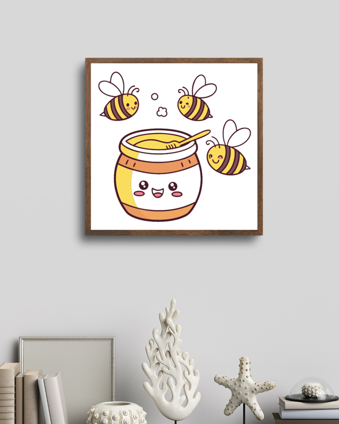 Cadre décoratif avec des abeilles joyeuses autour d'un pot de miel en style kawaii