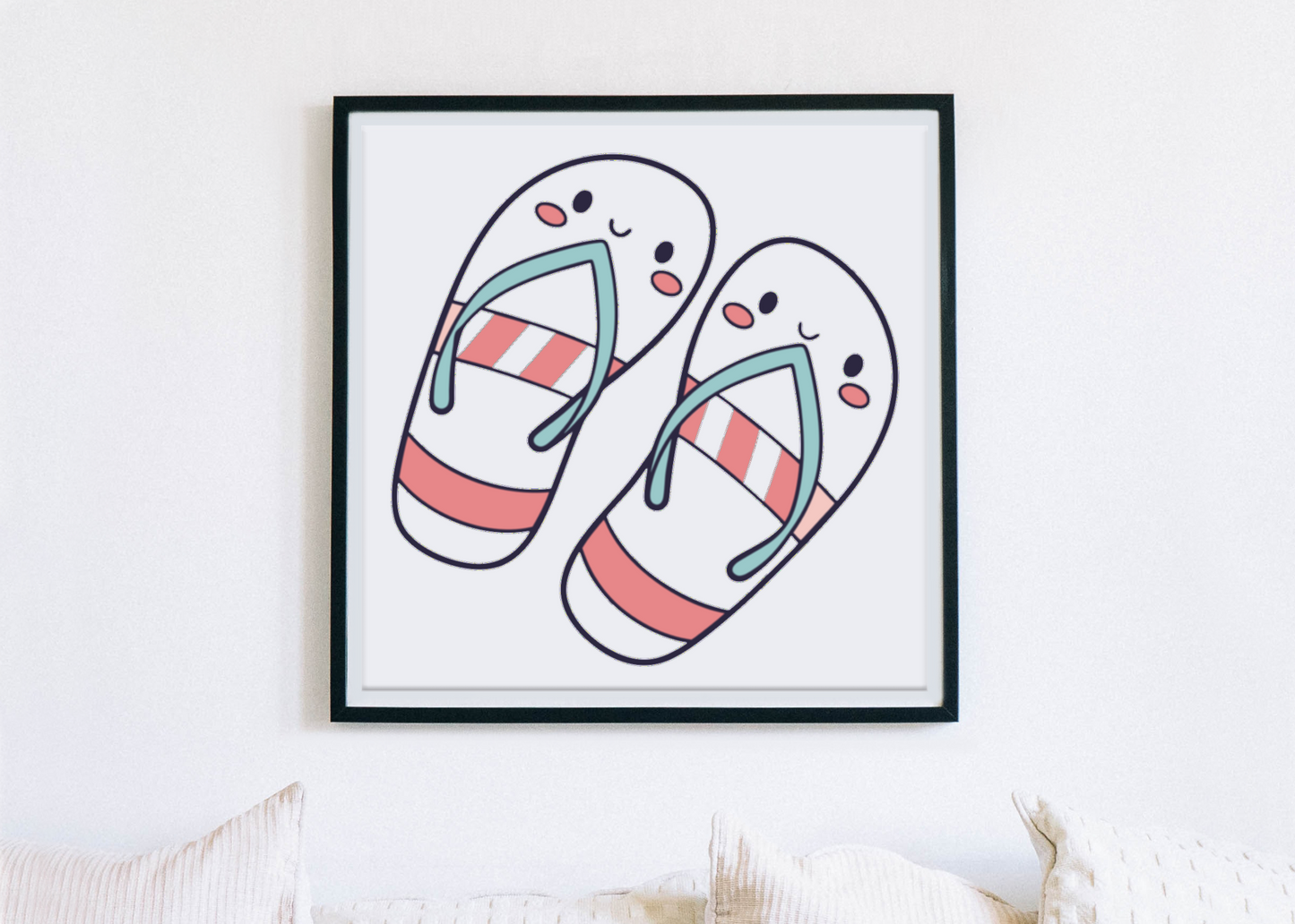 Cadre décoratif estival avec tongs joyeuses style kawaii