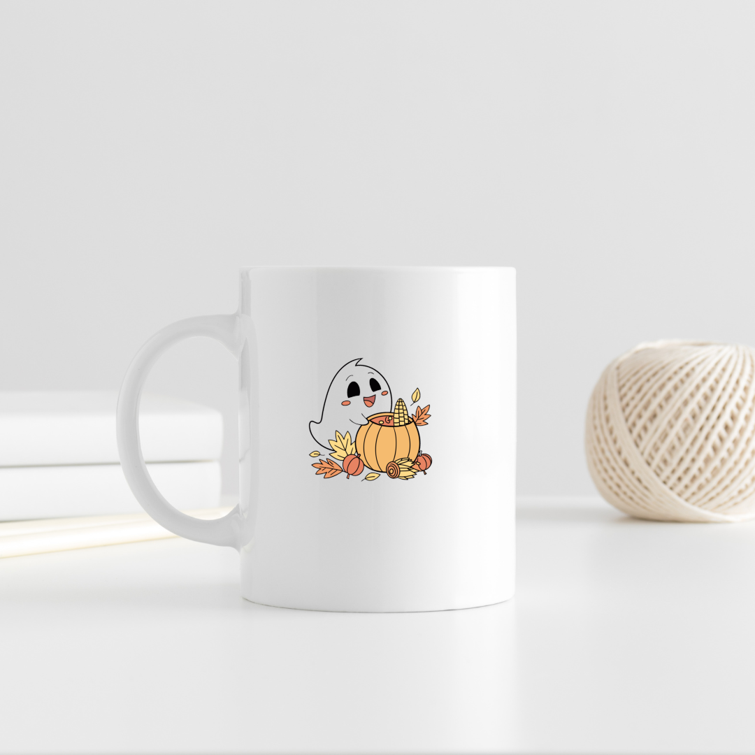 Mug festif Halloween décoré d'un fantôme joyeux tenant une citrouille