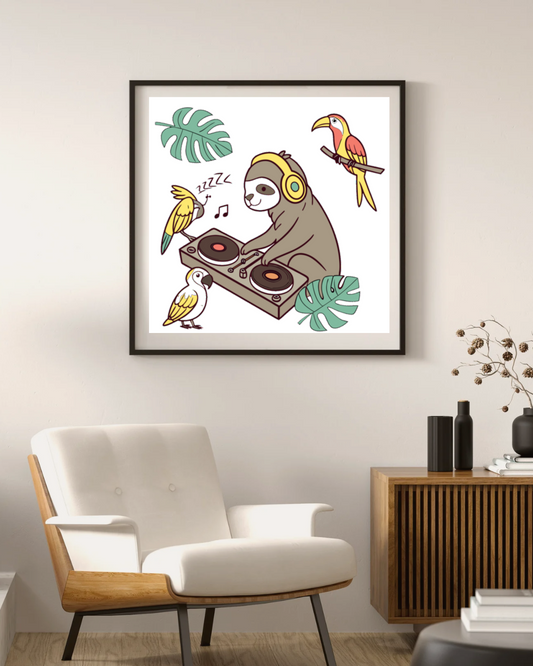 Cadre artistique avec paresseux DJ stylisé dans une jungle musicale vivante