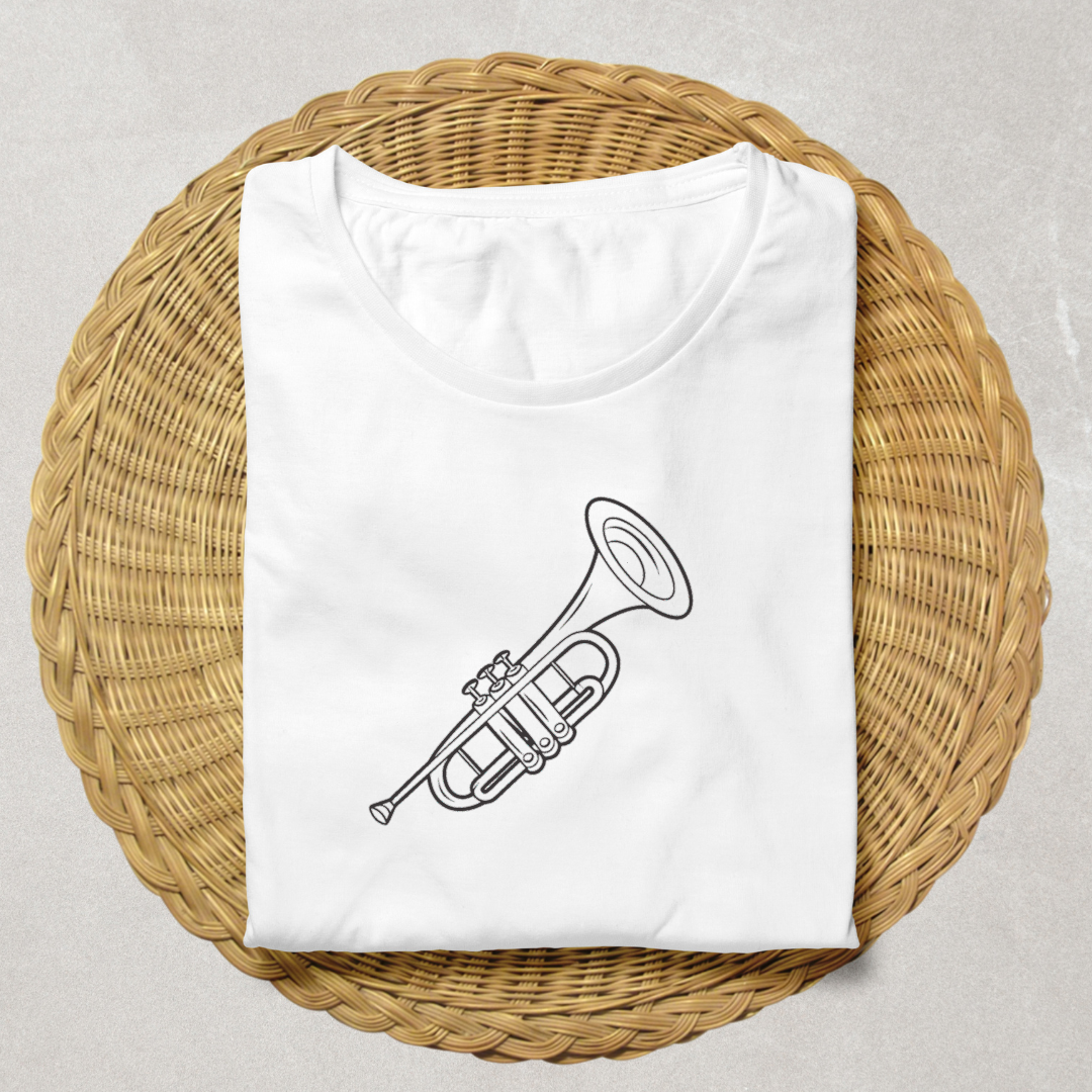 T-shirt graphique avec trompette vectorielle évoquant une ambiance musicale unique