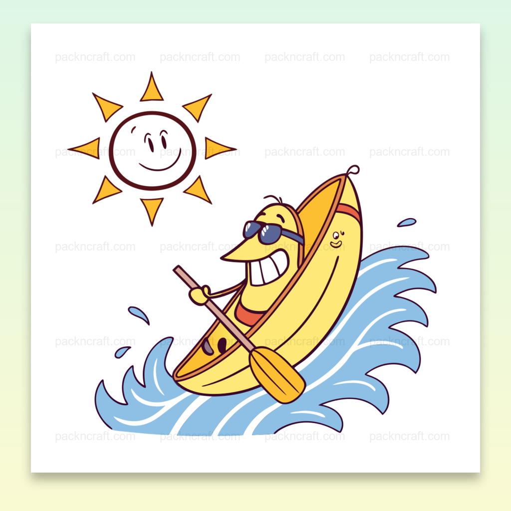 Banane en kayak souriant au soleil, illustration vectorielle pour DIY et déco.