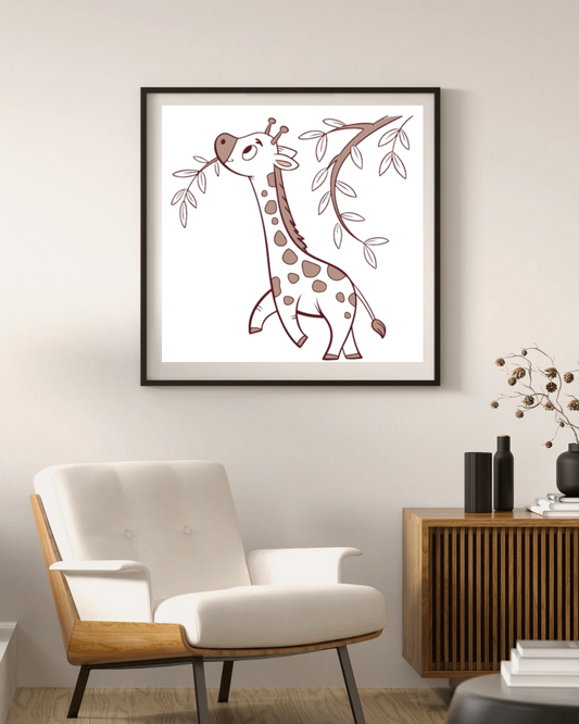 Cadre avec girafe pastel sur fond nature, décor sobre et apaisant
