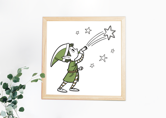 Cadre artistique avec un lutin rêveur étoilé pour une décoration enchantée