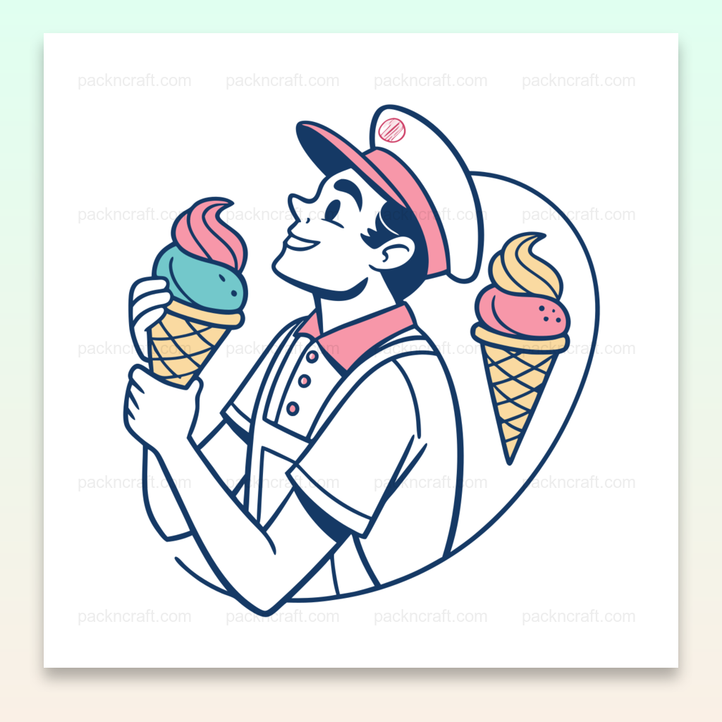 Illustration vintage d'un vendeur de glaces joyeux, parfait pour l'été., Image stylisée de vendeur de glaces, encadrée pour usage décoratif., Sticker design de vendeur de glaces, idéal pour personnaliser., Mug design featuring happy ice cream vendor, elegant kitchen decor., T-shirt design de vendeur de glaces pour une touche estivale.