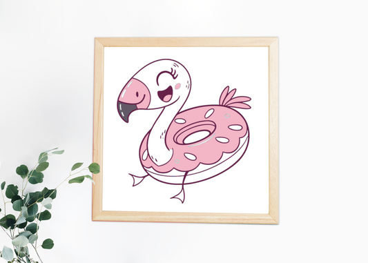 Cadre décoratif avec flamant rose kawaii en scène estivale amusante