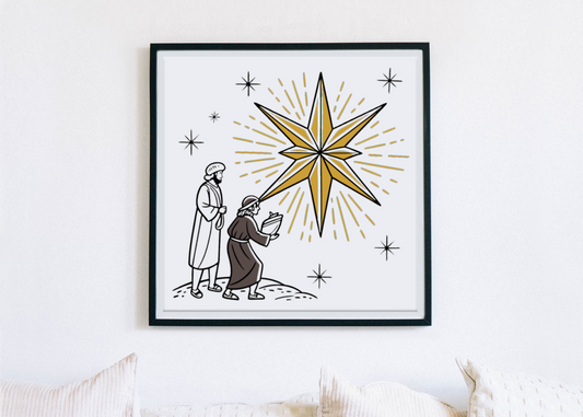 Cadre Noël avec trois mages élégants suivant une étoile décorative