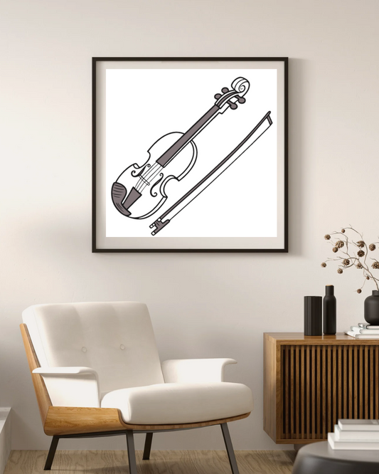 Cadre avec un violon minimaliste sur fond blanc mettant en avant un thème musical