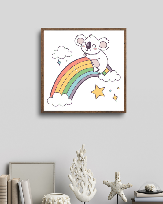 Cadre décoratif enfant avec koala joyeux et arc-en-ciel dans des tons pastel