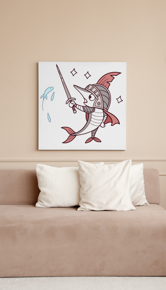 Cadre décoratif avec un poisson épéiste kawaii en armure sur fond marin