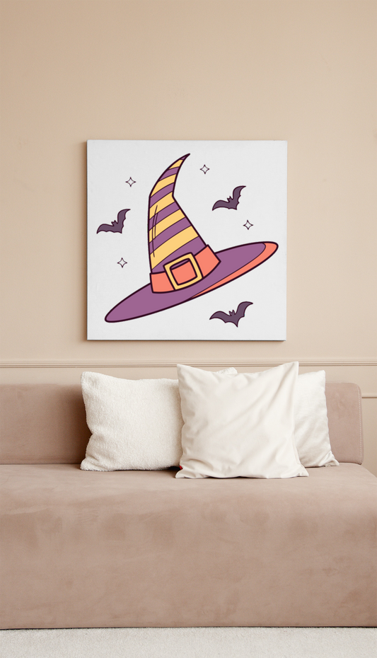 Cadre avec icône de chapeau de sorcière flottant sur fond sombre pour Halloween