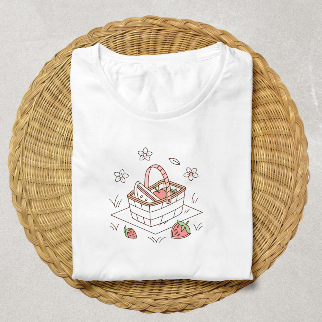 T-shirt décoré d'un panier pique-nique en pastel joyeux pour un look estival