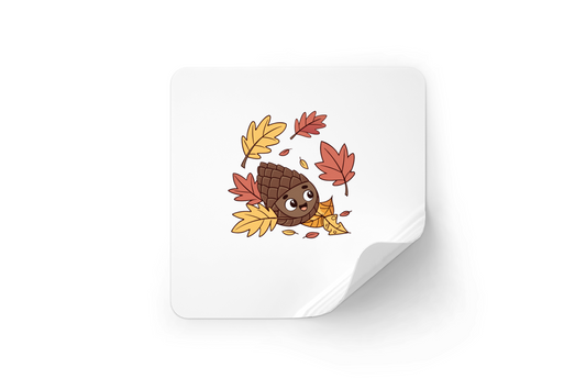 Sticker avec une pomme de pin souriante et des feuilles automnales style vectoriel