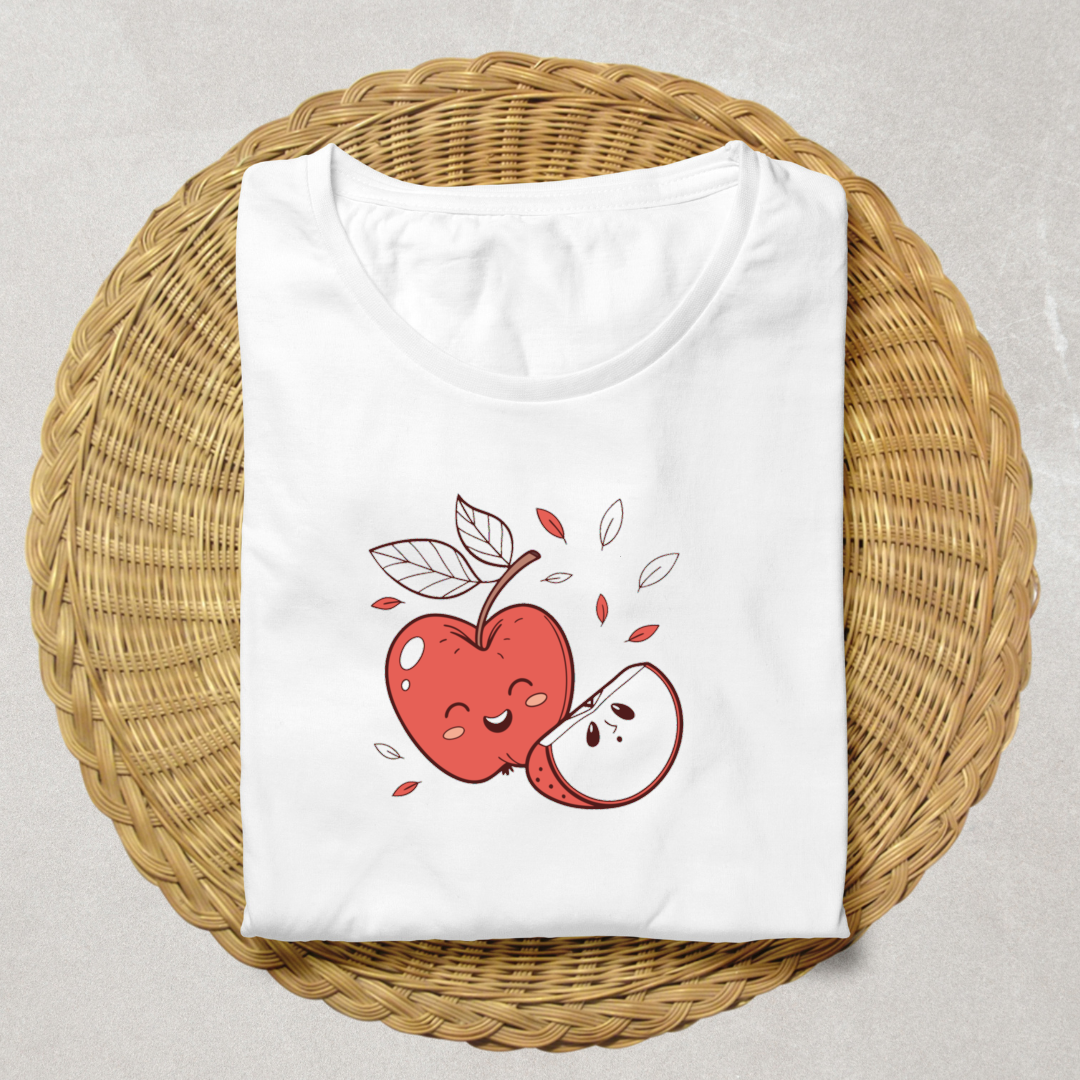 T-shirt avec une pomme souriante en style doodle automnal flottant dans les airs