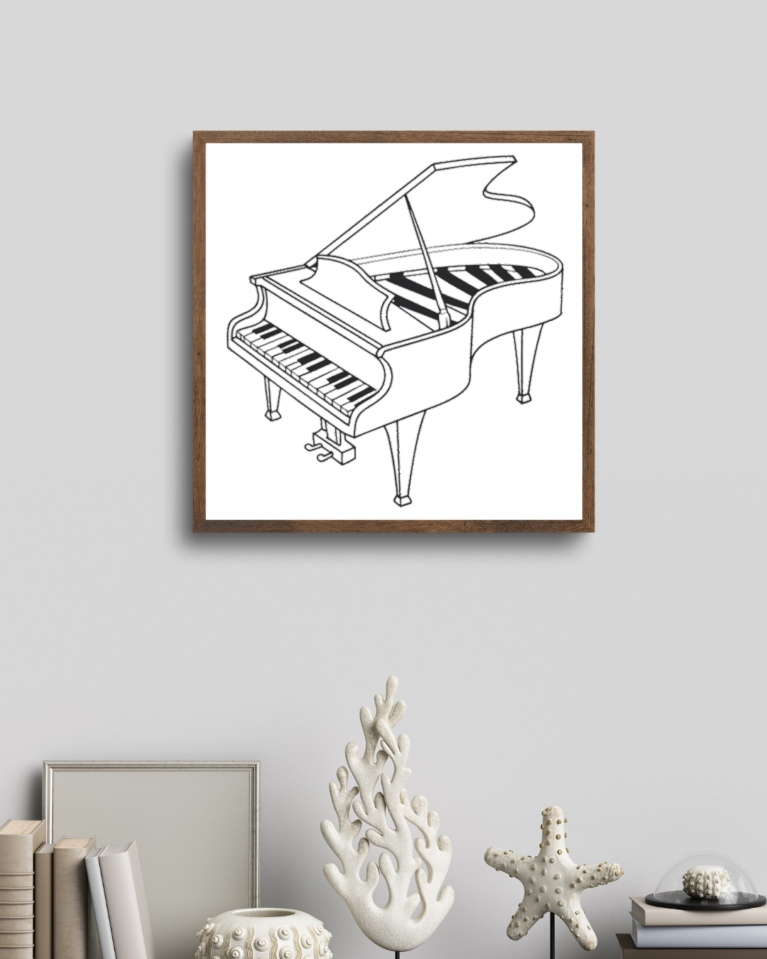 Cadre avec piano à queue stylisé en motif minimaliste pour une touche musicale