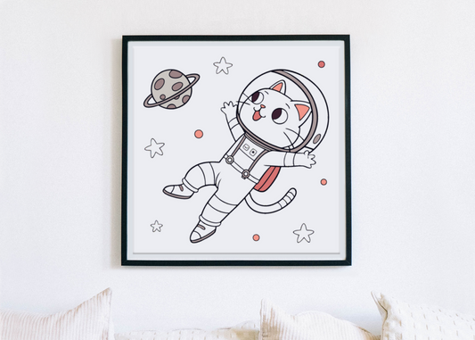 Cadre élégant avec chat astronaute souriant en pleine exploration de l'espace