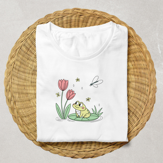 T-shirt avec grenouille joyeuse pastel sur nénuphar scène printanière attachante