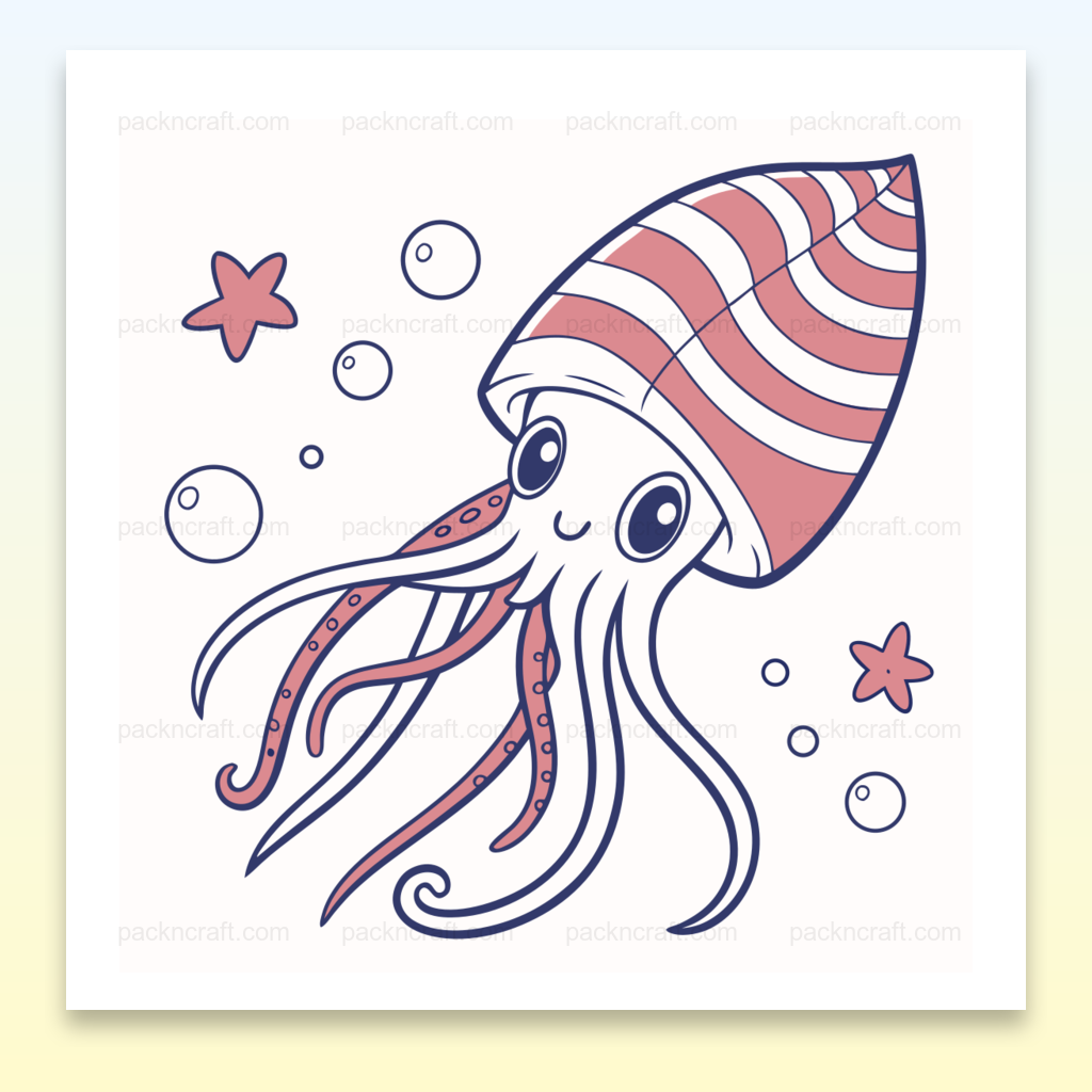 Illustration d'un calmar souriant en style cartoon sous l'eau, parfait pour projets DIY et déco.
