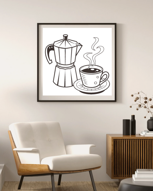 Cadre au style monochrome avec cafetière italienne rétro et tasse de café