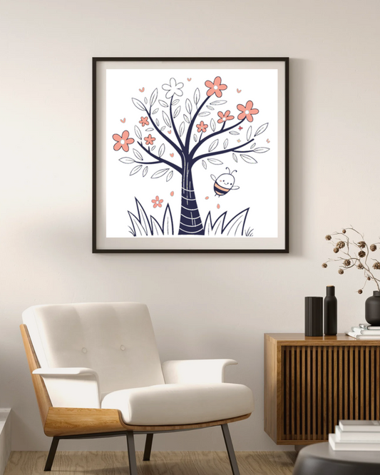 Cadre décoratif avec abeille joyeuse et arbre fleuri au style doodle printanier