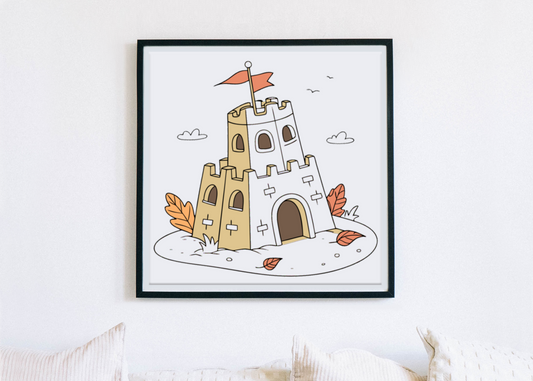 Cadre avec icône enchanteur de château de sable, thème automne et nature