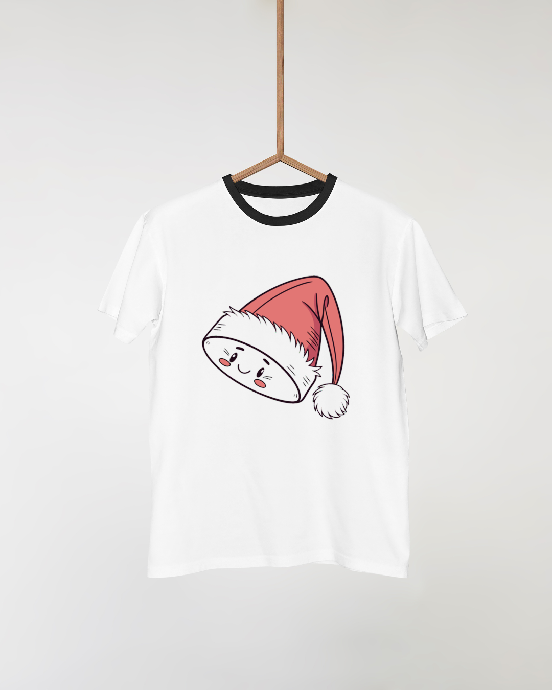 T-shirt festif présentant un dessin de bonnet de Noël souriant, style doodle jovial