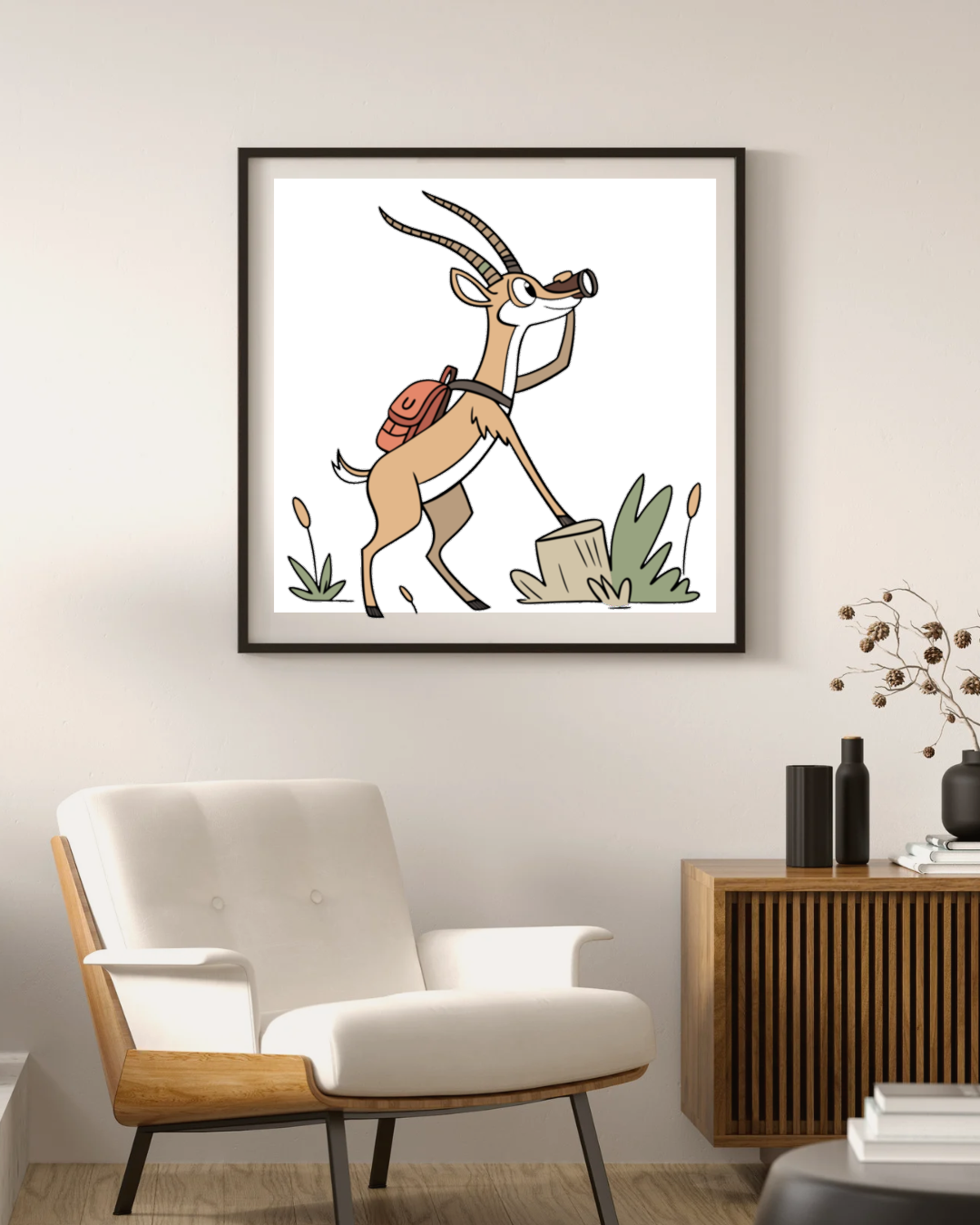 Cadre avec art vectoriel de gazelle exploratrice sac à dos thème aventure nature