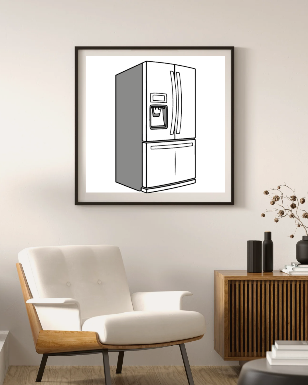 Cadre avec réfrigérateur minimaliste pour cuisine moderne ambiance contemporaine