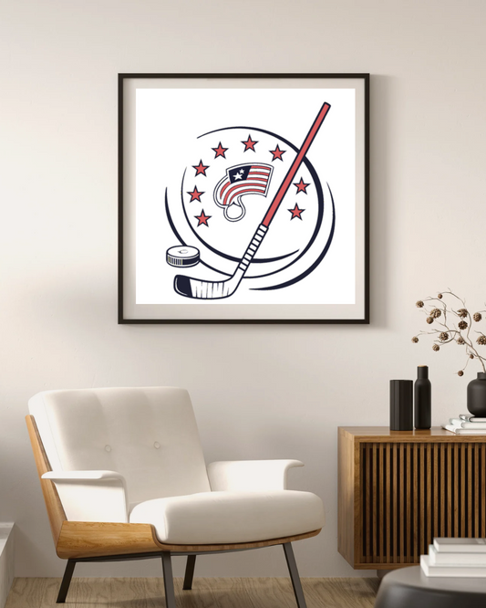 Cadre sportif avec bâton de hockey patriotique en icône stylisée sur fond énergique